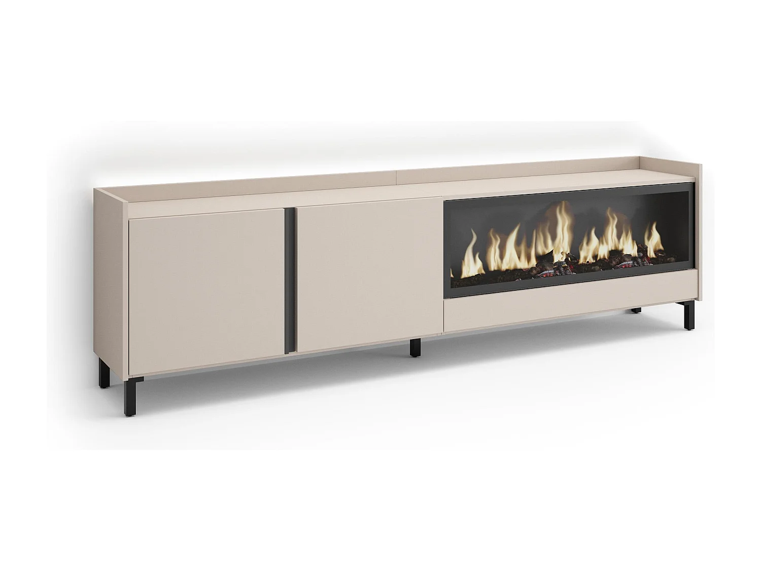 TV-Schrank, Lowboard, 212x61x35 cm, Für TV-Geräte bis zu 80", Elektrokamin XXL, Industriedesign, LED, Beige