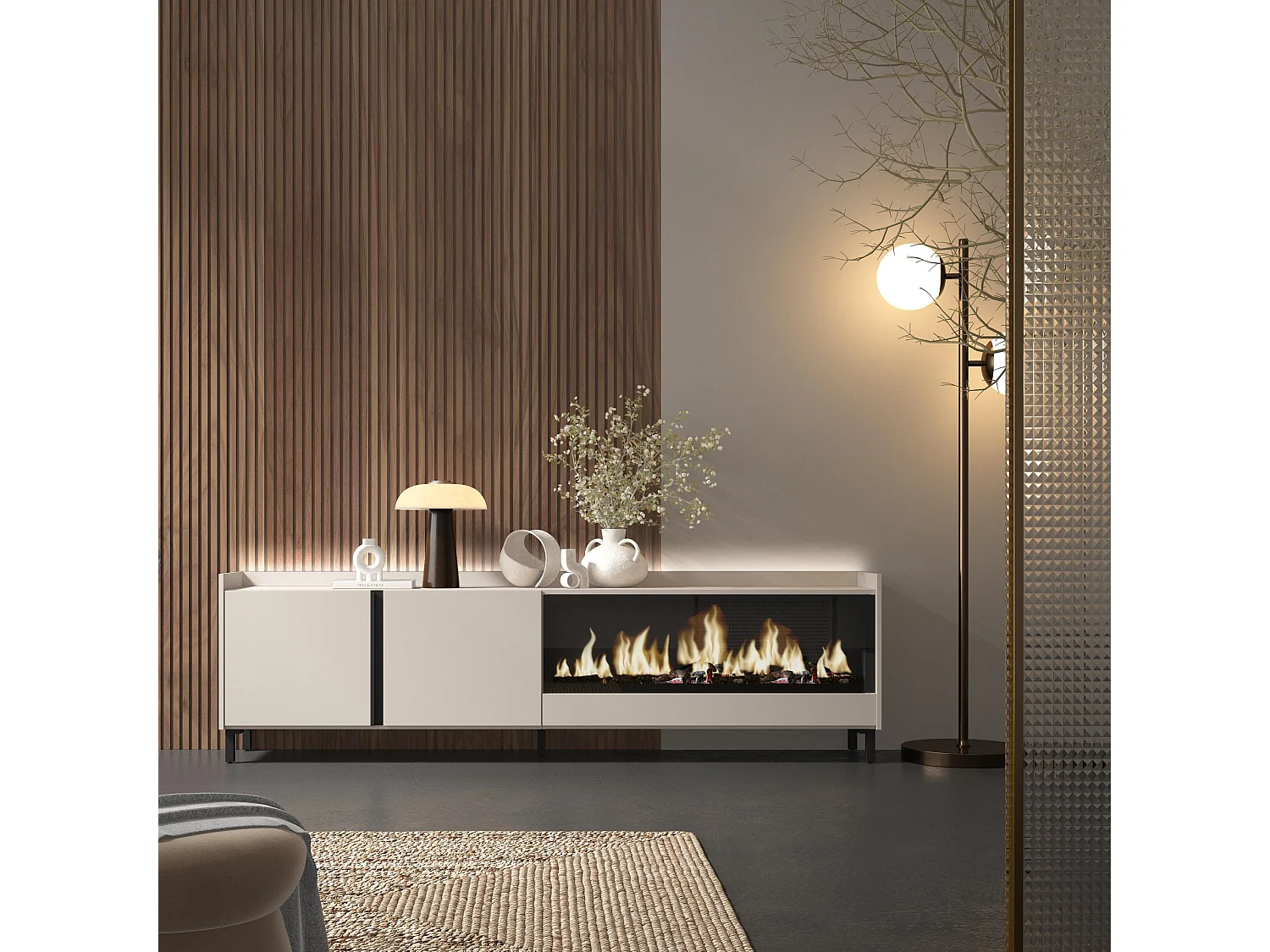 TV-Schrank, Lowboard, 212x61x35 cm, Für TV-Geräte bis zu 80", Elektrokamin XXL, Industriedesign, LED, Beige