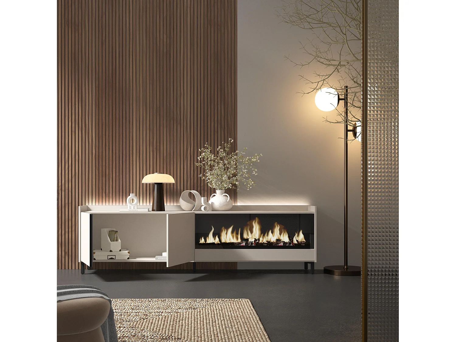 TV-Schrank, Lowboard, 212x61x35 cm, Für TV-Geräte bis zu 80", Elektrokamin XXL, Industriedesign, LED, Beige