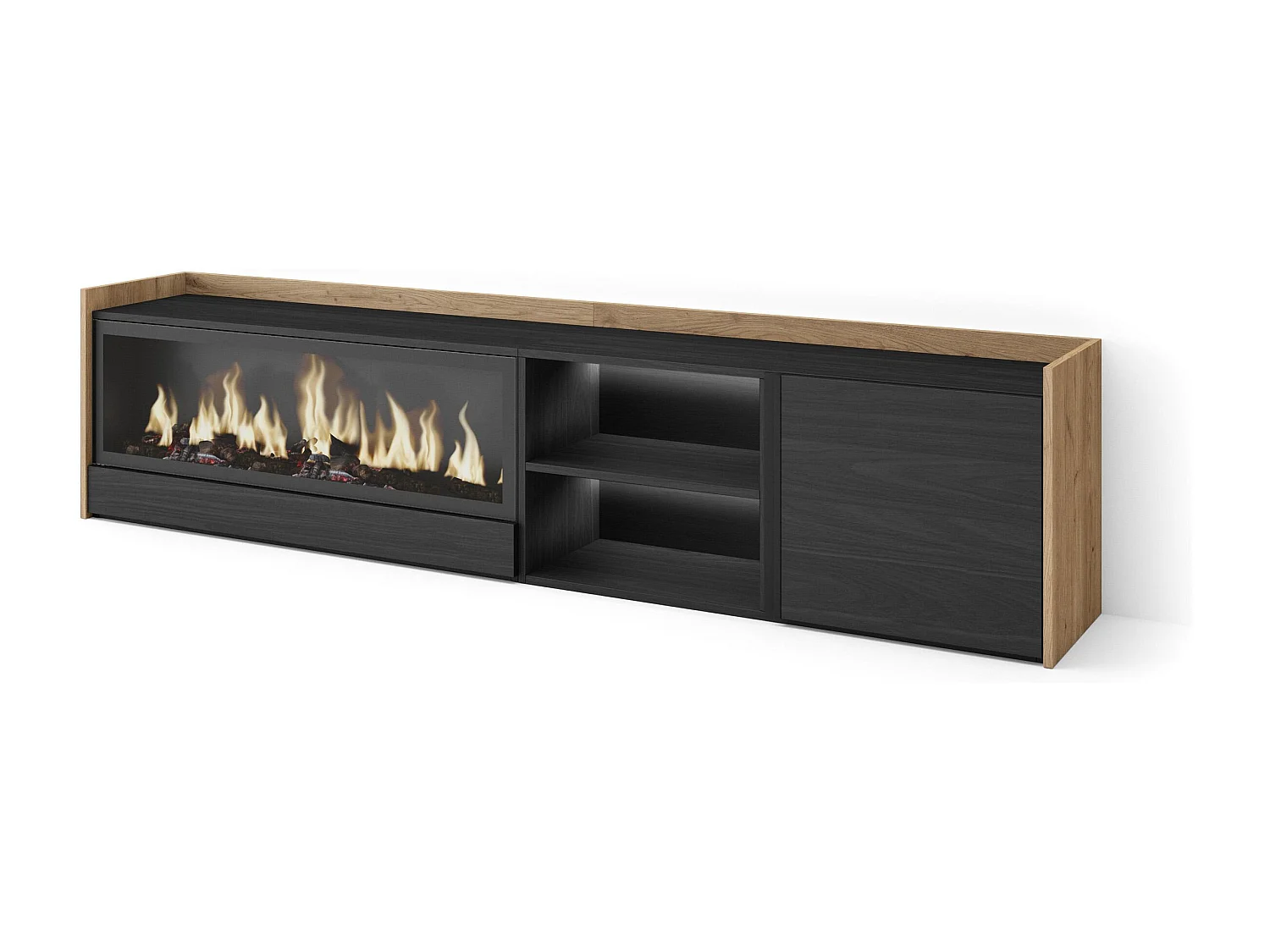 TV-Schrank, Lowboard, 212x50x35 cm, Für TV-Geräte bis zu 80", Elektrokamin XXL, LED, Schwarz Eiche