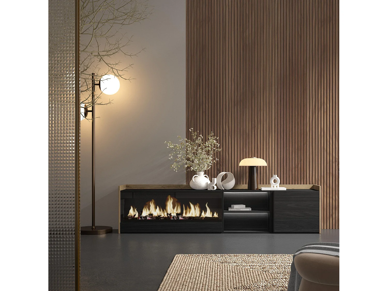 TV-Schrank, Lowboard, 212x50x35 cm, Für TV-Geräte bis zu 80", Elektrokamin XXL, LED, Schwarz Eiche