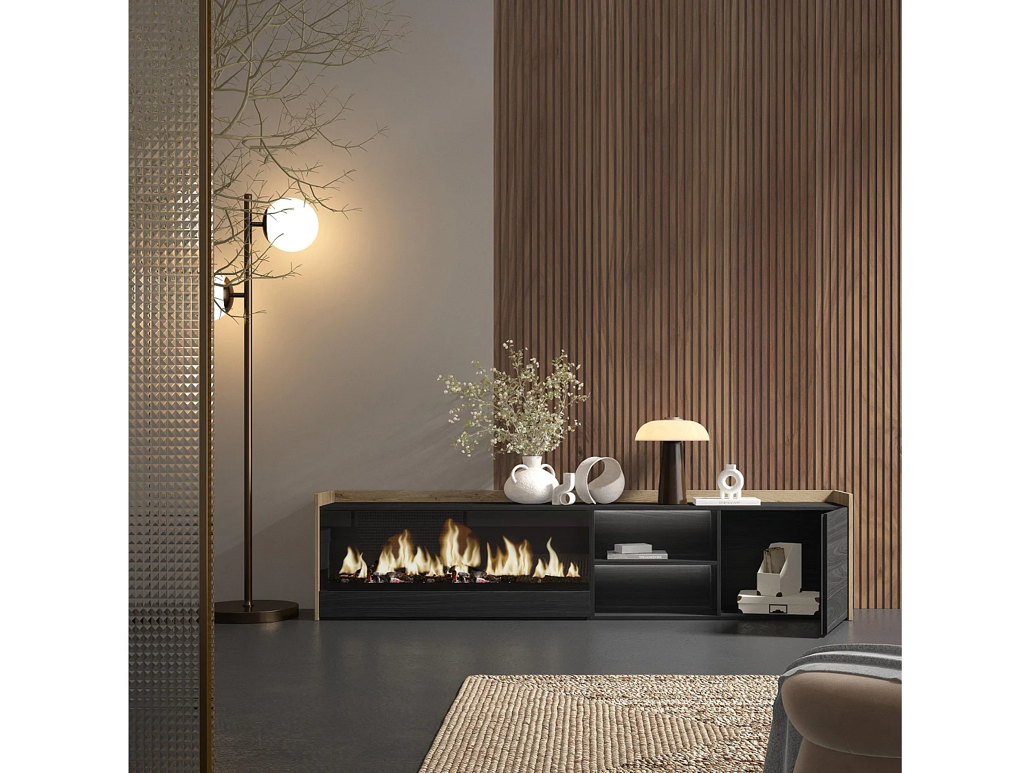 TV-Schrank, Lowboard, 212x50x35 cm, Für TV-Geräte bis zu 80", Elektrokamin XXL, LED, Schwarz Eiche