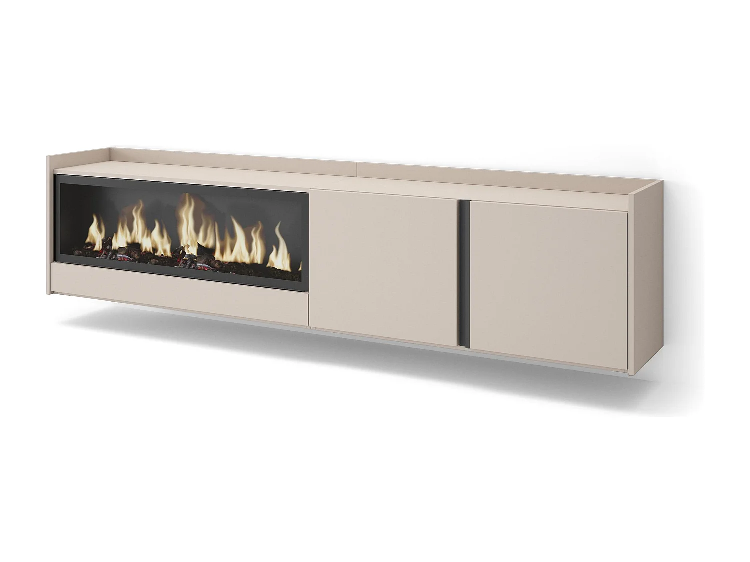 TV-Schrank, Lowboard, 212x50x35 cm, Für TV-Geräte bis zu 80", Elektrokamin XXL, Hängend, Beige