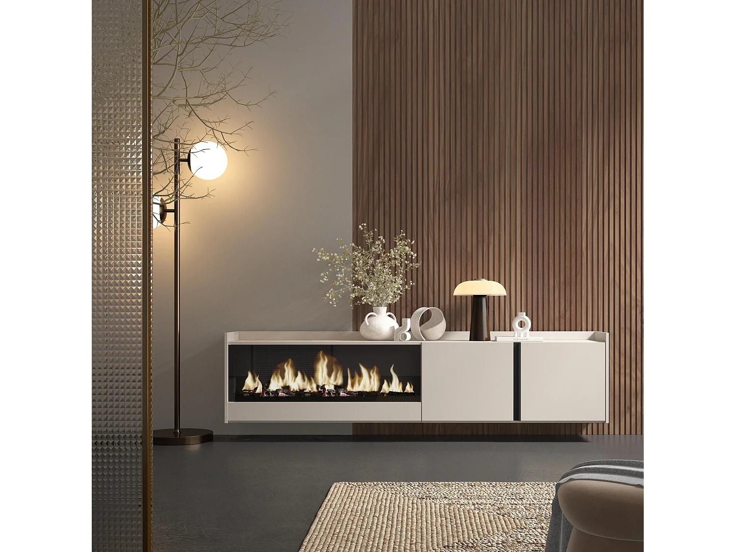 TV-Schrank, Lowboard, 212x50x35 cm, Für TV-Geräte bis zu 80", Elektrokamin XXL, Hängend, Beige