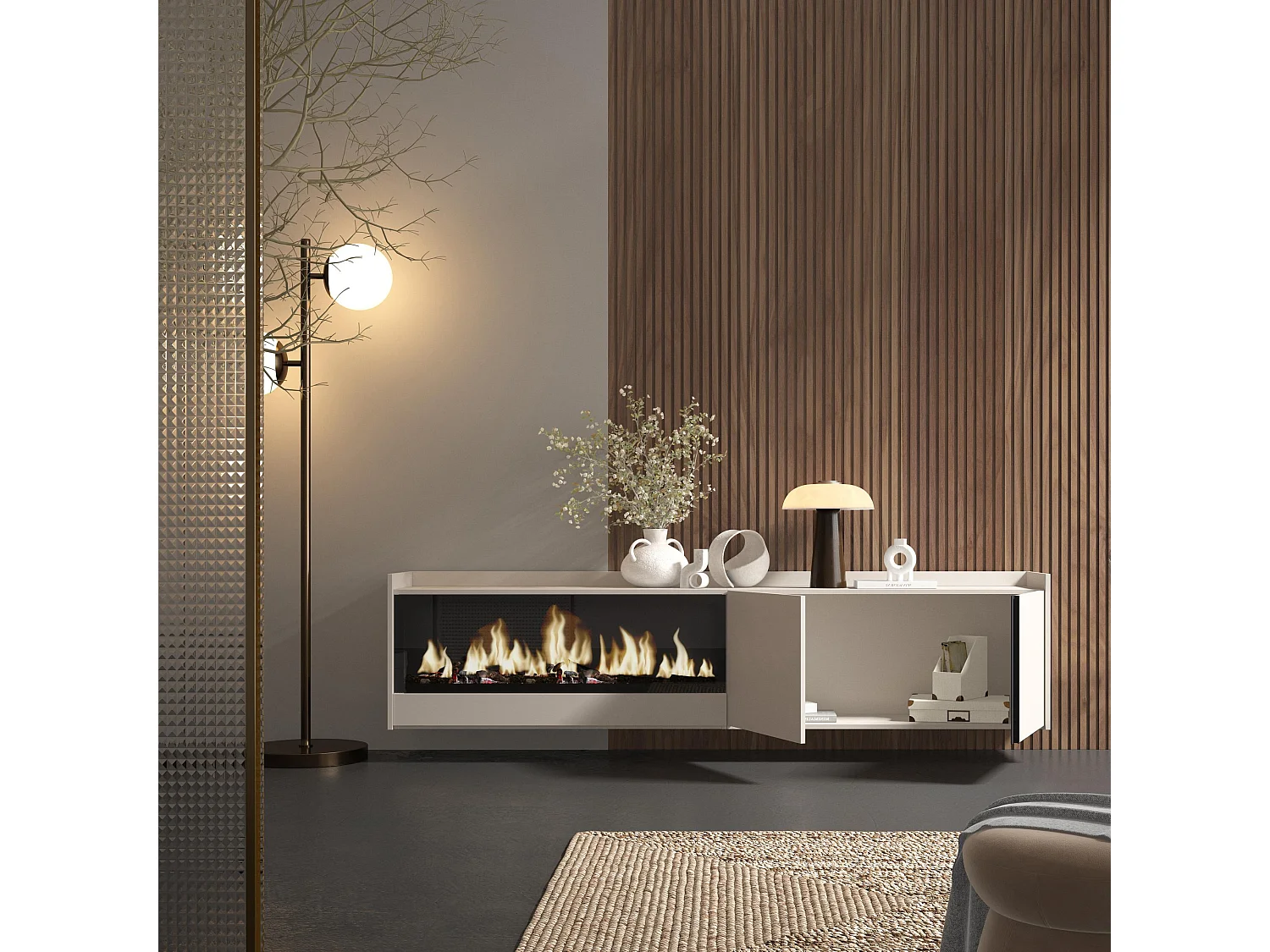 TV-Schrank, Lowboard, 212x50x35 cm, Für TV-Geräte bis zu 80", Elektrokamin XXL, Hängend, Beige