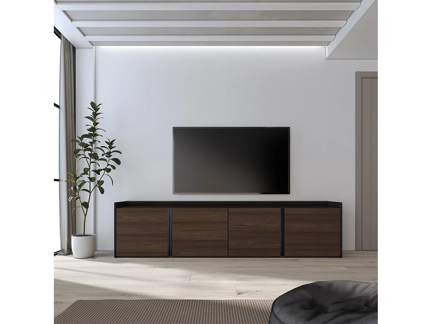 TV-Schrank, Lowboard, 207x50x35 cm, Für TV-Geräte bis zu 80", Fernsehtisch, Dunkler Eiche und Schwarz