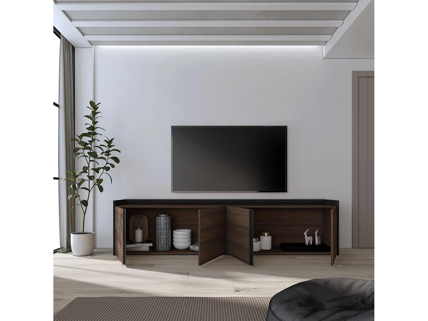 TV-Schrank, Lowboard, 207x50x35 cm, Für TV-Geräte bis zu 80", Fernsehtisch, Dunkler Eiche und Schwarz