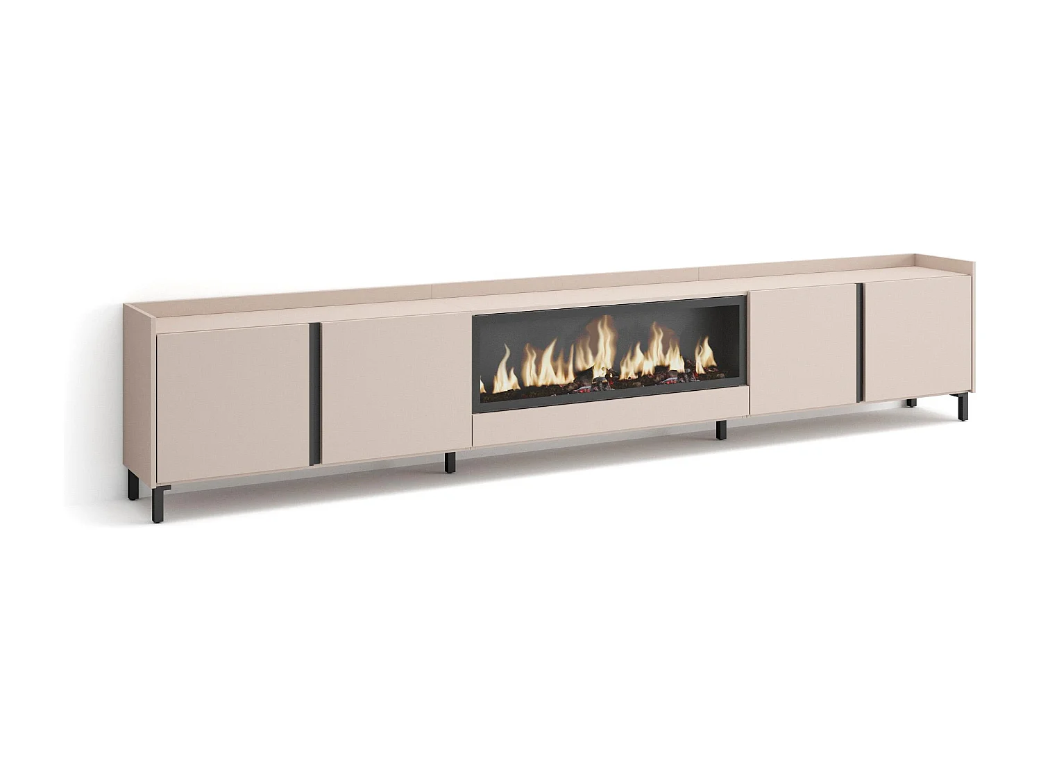 TV-Meubel, Lowboard, 315x61x35 cm, Voor tv's tot 80", Elektrische haard XXL, Industrieel design, Beige