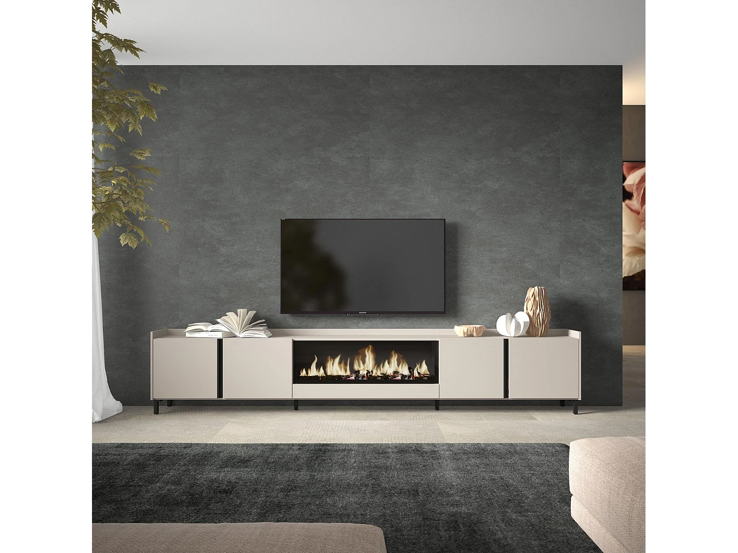 TV-Meubel, Lowboard, 315x61x35 cm, Voor tv's tot 80", Elektrische haard XXL, Industrieel design, Beige