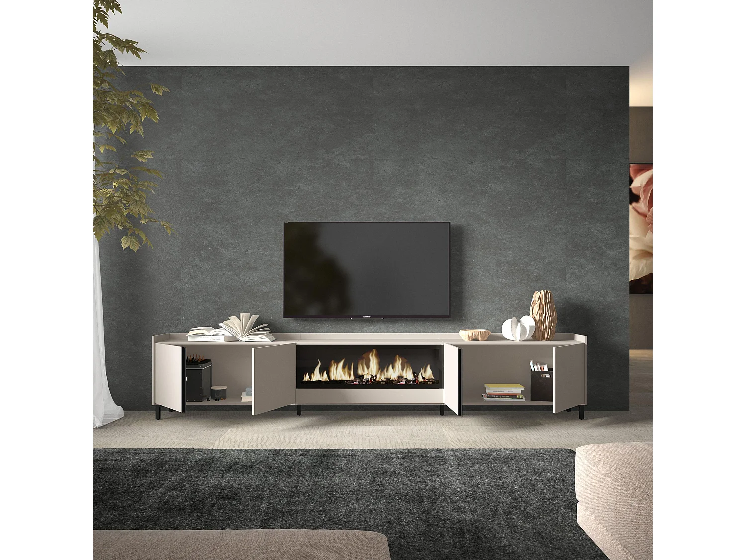 TV-Meubel, Lowboard, 315x61x35 cm, Voor tv's tot 80", Elektrische haard XXL, Industrieel design, Beige