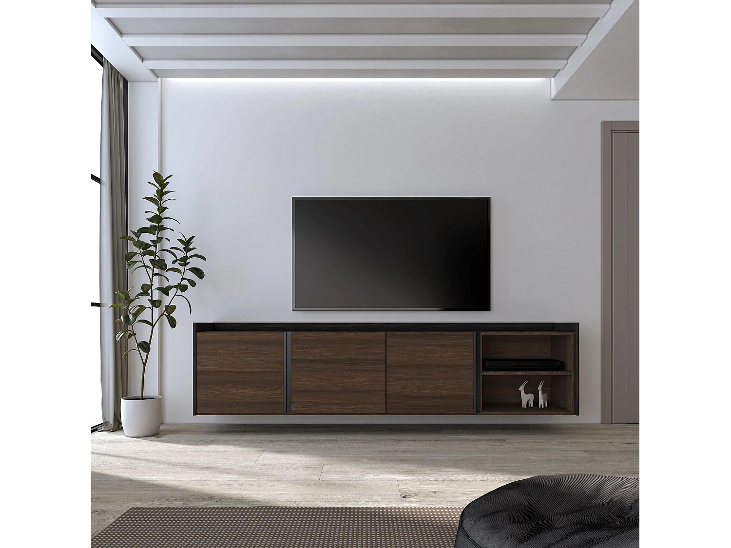 TV-Meubel, Lowboard, 207x50x35 cm, Voor tv's tot 80", Hangend, Donkere eik en Zwart