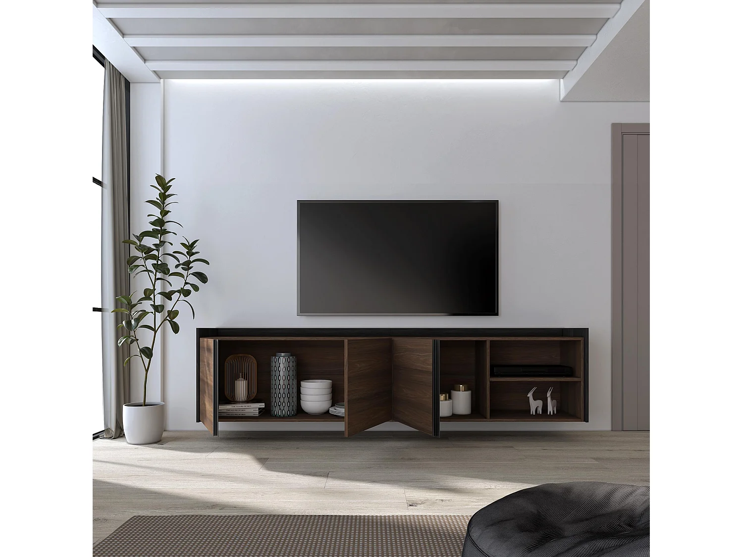 TV-Meubel, Lowboard, 207x50x35 cm, Voor tv's tot 80", Hangend, Donkere eik en Zwart