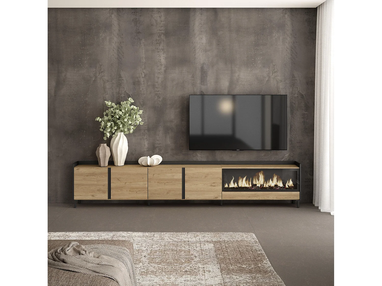 TV-Schrank, Lowboard, 315x61x35 cm, Für TV-Geräte bis zu 80", Elektrokamin XXL, Industriedesign, Eiche Schwarz