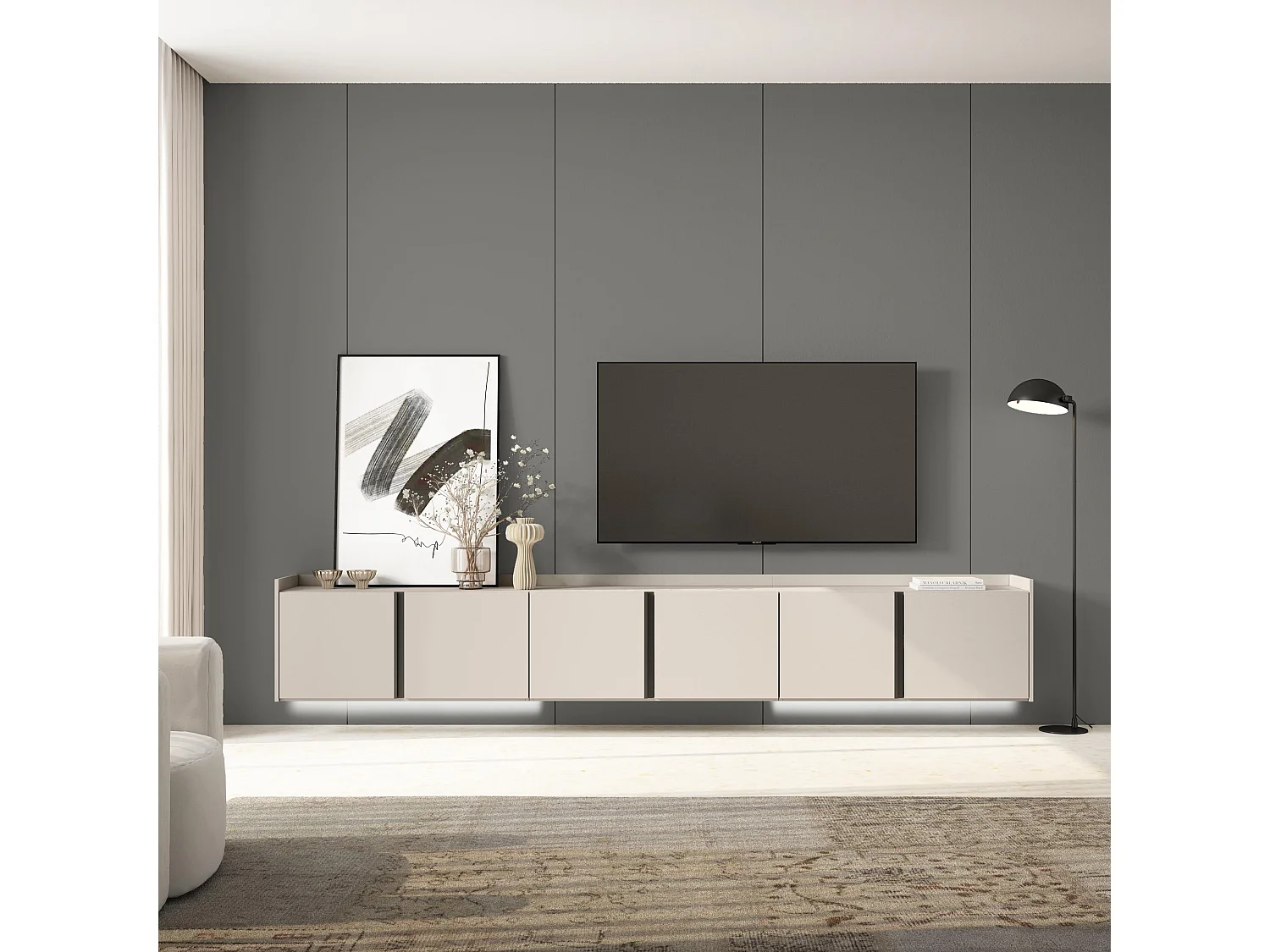 TV-Schrank, Lowboard, 309x50x35 cm, Für TV-Geräte bis zu 80", Hängend, LED, Beige