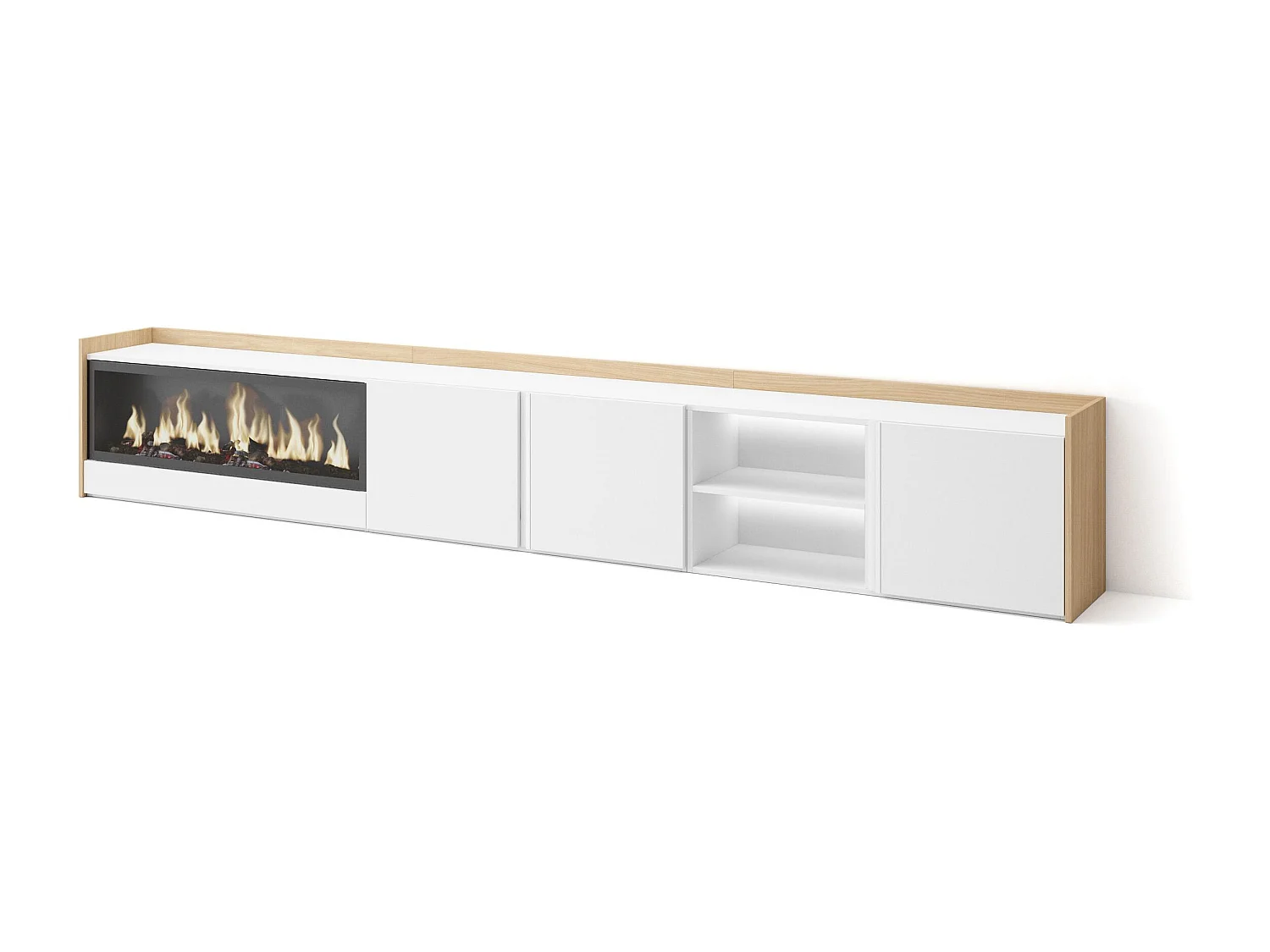 TV-Schrank, Lowboard, 315x50x35 cm, Für TV-Geräte bis zu 80", Elektrokamin XXL, LED, Weiß und Eiche Soft