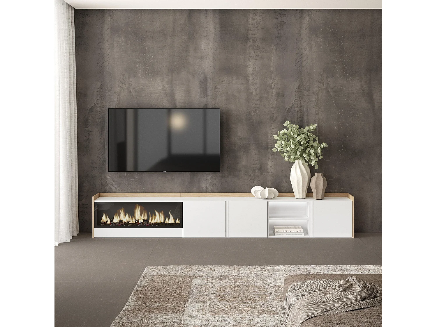 TV-Schrank, Lowboard, 315x50x35 cm, Für TV-Geräte bis zu 80", Elektrokamin XXL, LED, Weiß und Eiche Soft