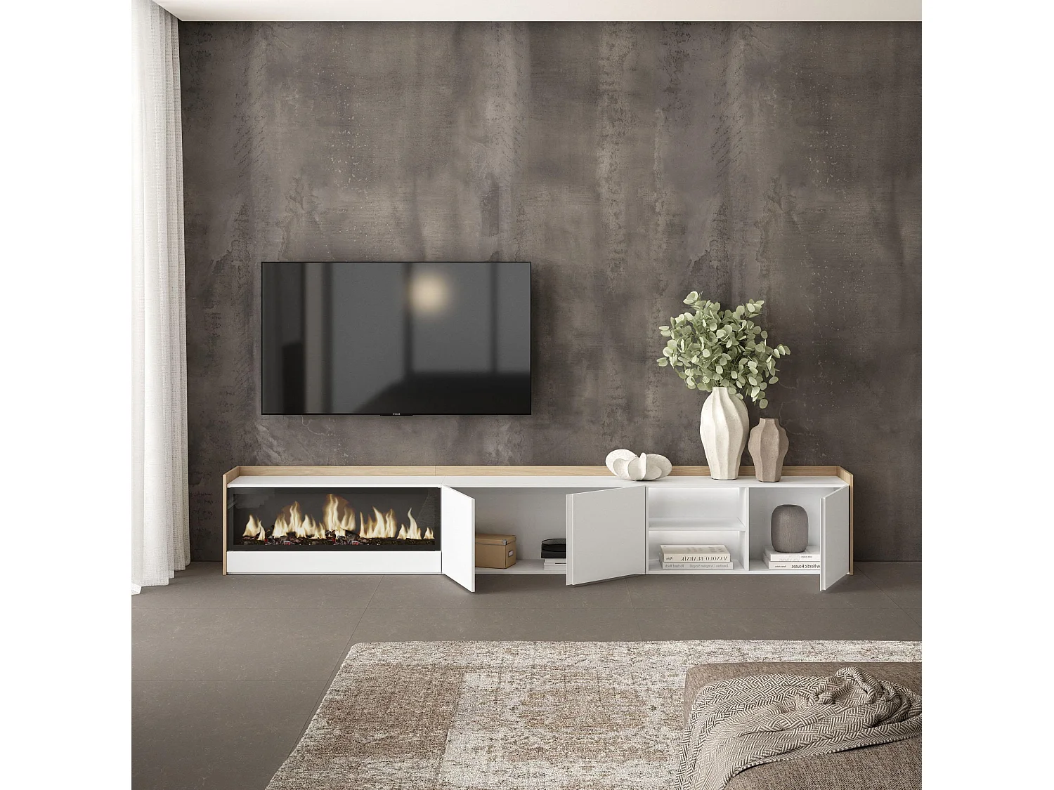 TV-Schrank, Lowboard, 315x50x35 cm, Für TV-Geräte bis zu 80", Elektrokamin XXL, LED, Weiß und Eiche Soft