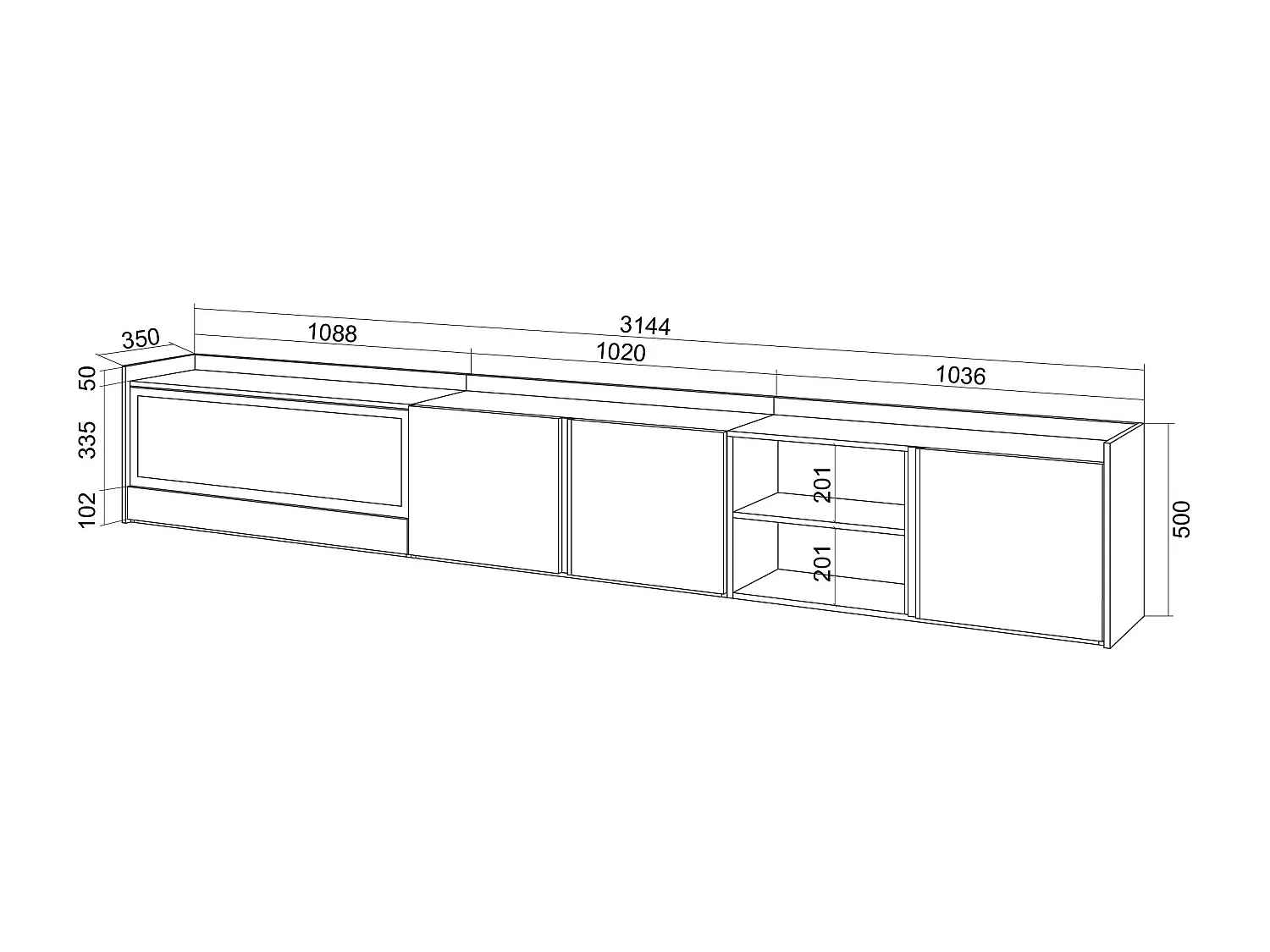 TV-Schrank, Lowboard, 315x50x35 cm, Für TV-Geräte bis zu 80", Elektrokamin XXL, LED, Weiß und Eiche Soft