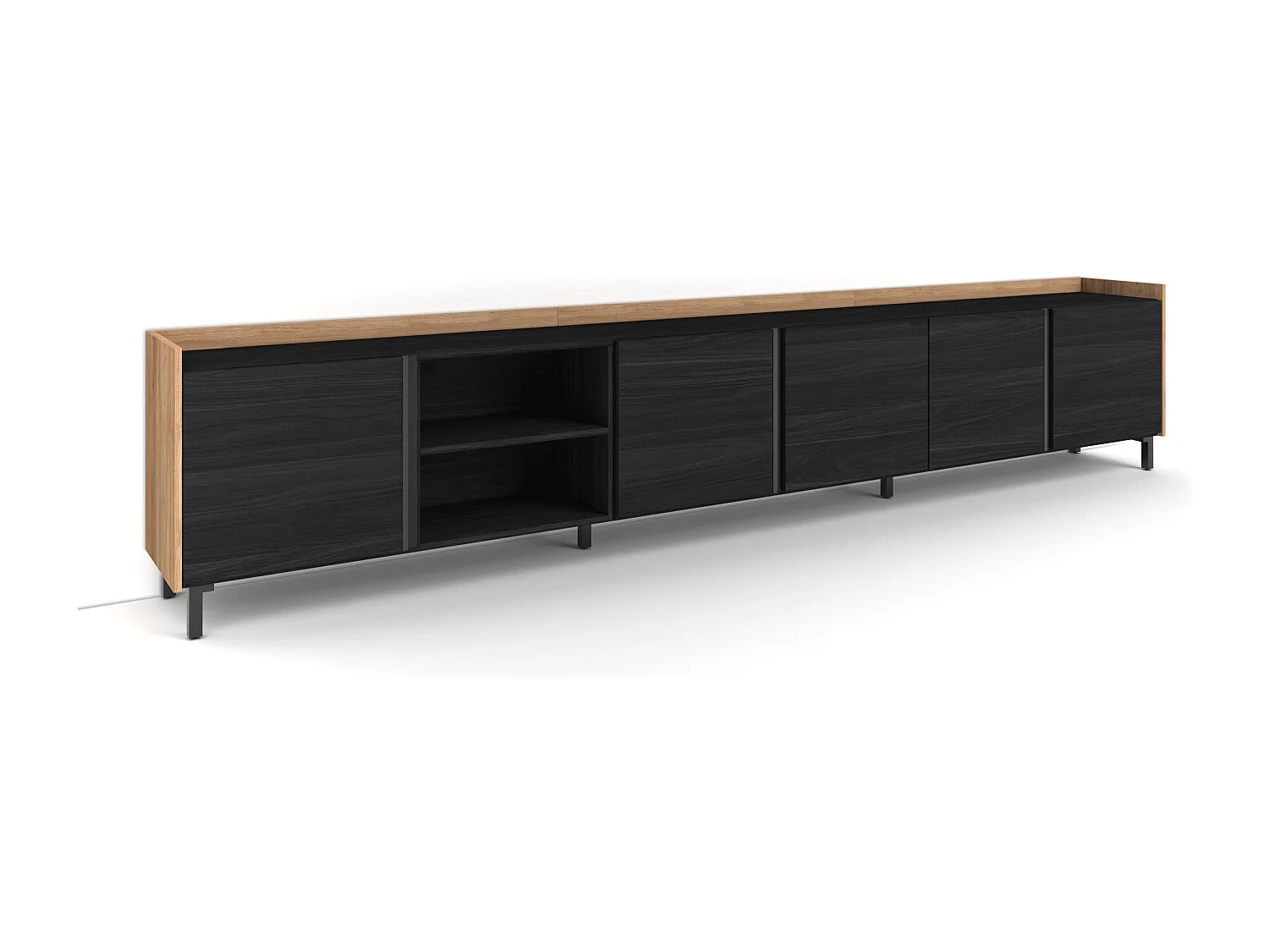Mueble TV, Televisión, 309x61x35 cm, Para TV hasta 80", Diseño industrial, Negro y roble
