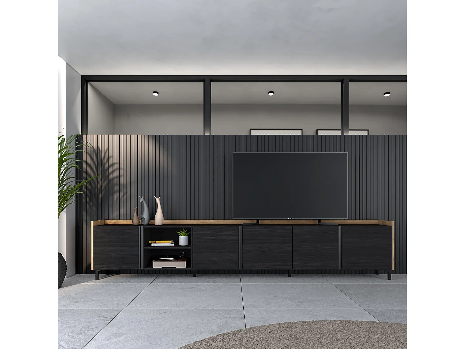 Mueble TV, Televisión, 309x61x35 cm, Para TV hasta 80", Diseño industrial, Negro y roble