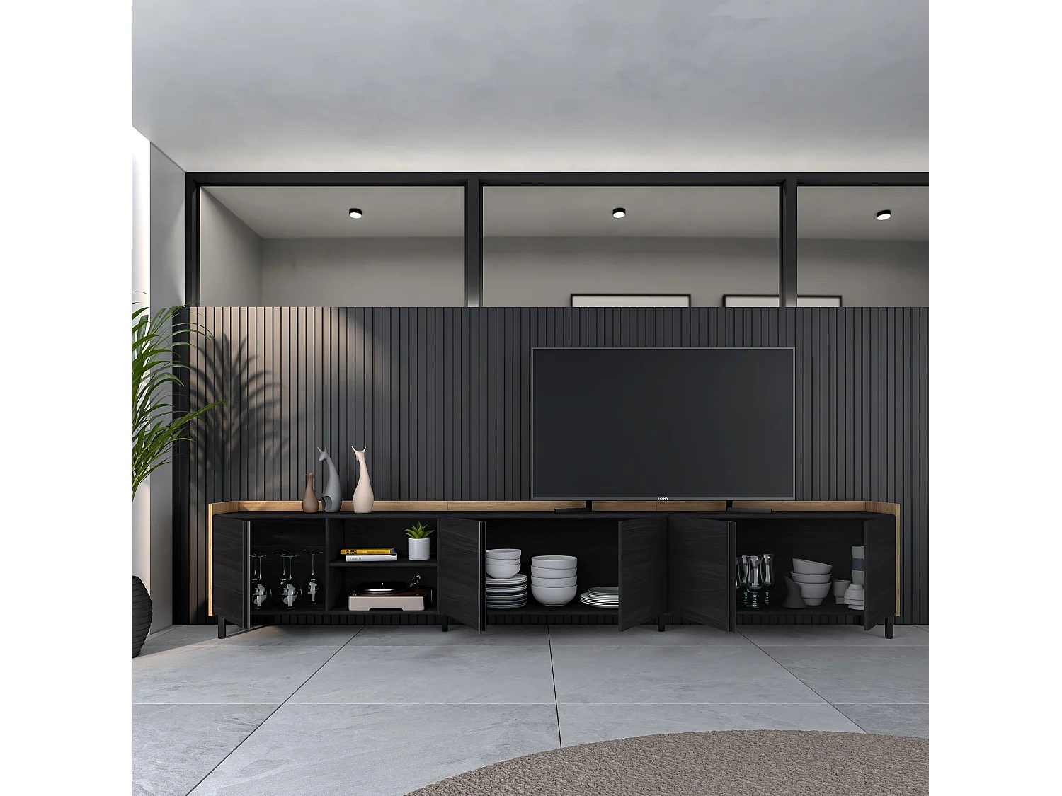 Mueble TV, Televisión, 309x61x35 cm, Para TV hasta 80", Diseño industrial, Negro y roble