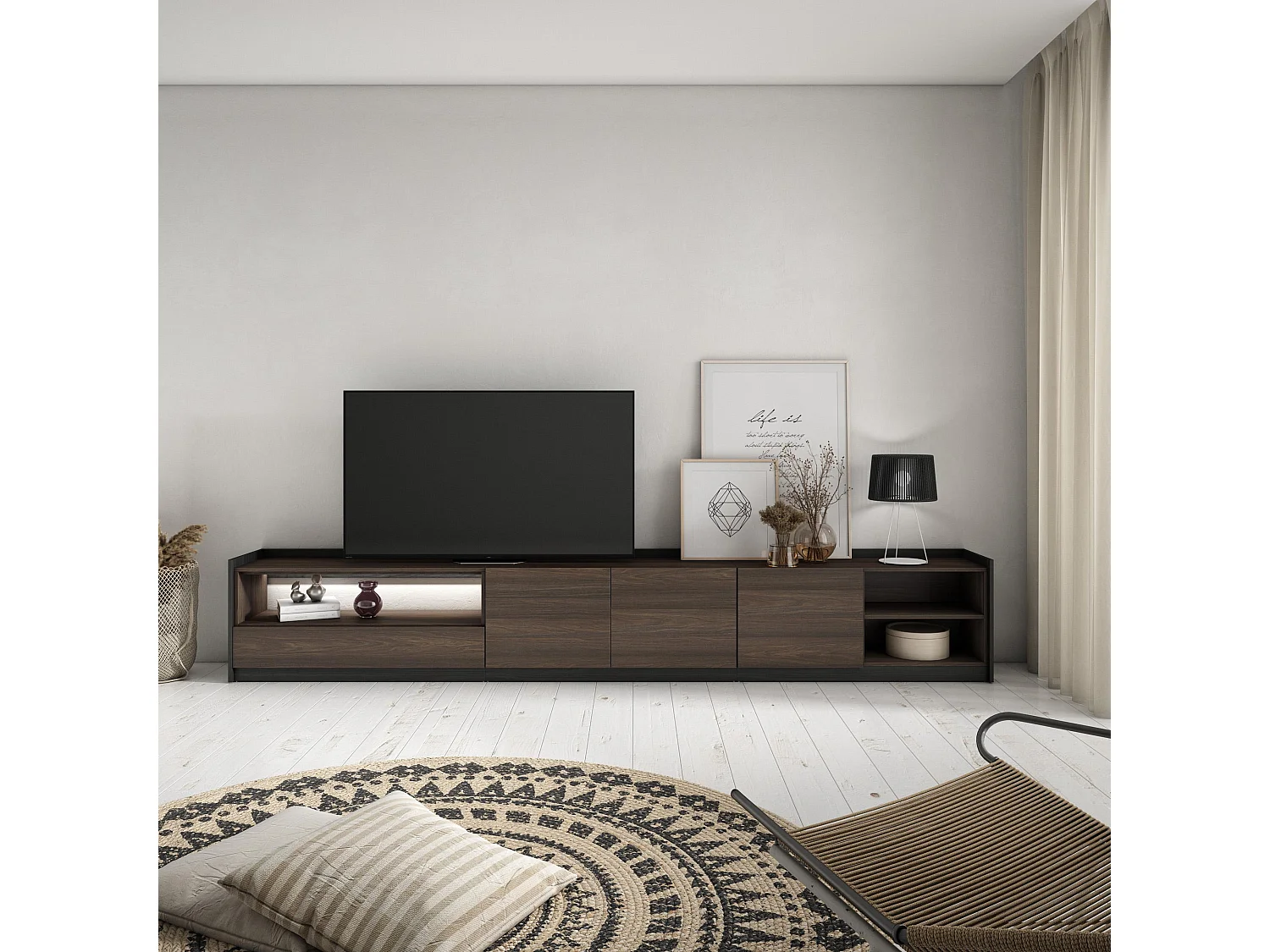 TV-Schrank, Lowboard, 310x50x37 cm, Für TV-Geräte bis zu 80", LED, Dunkler Eiche und Schwarz