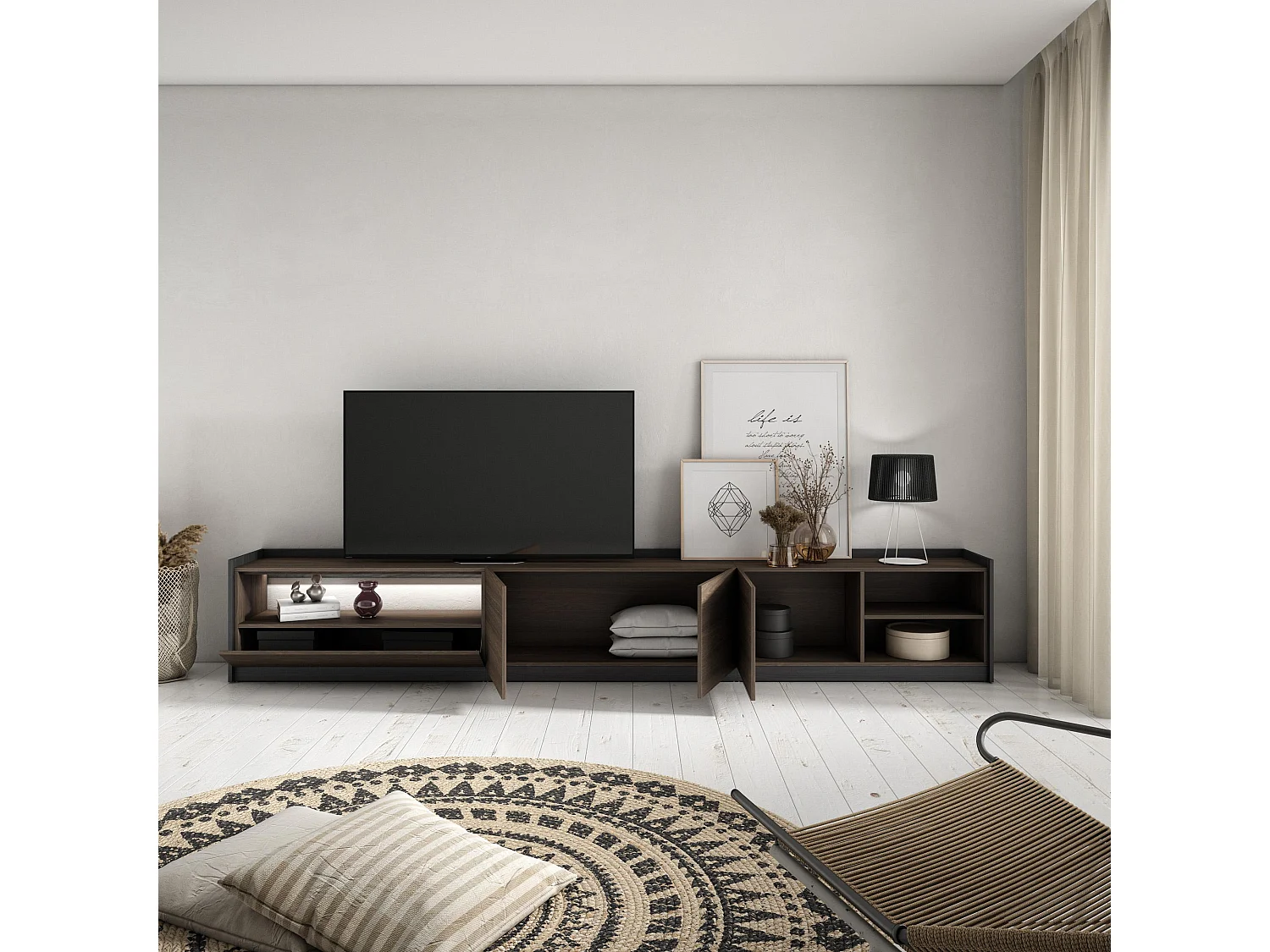 TV-Schrank, Lowboard, 310x50x37 cm, Für TV-Geräte bis zu 80", LED, Dunkler Eiche und Schwarz