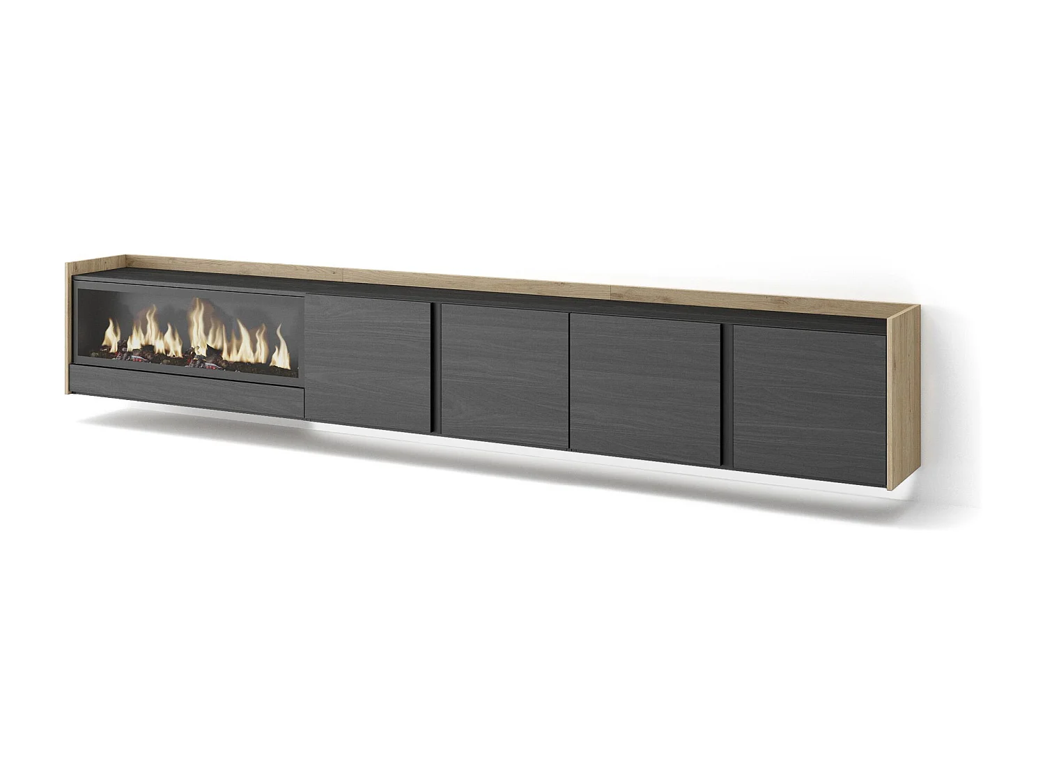 TV-Meubel, Lowboard, 315x50x35 cm, Voor tv's tot 80", Elektrische haard XXL, Hangend, LED, Zwart/Eiken