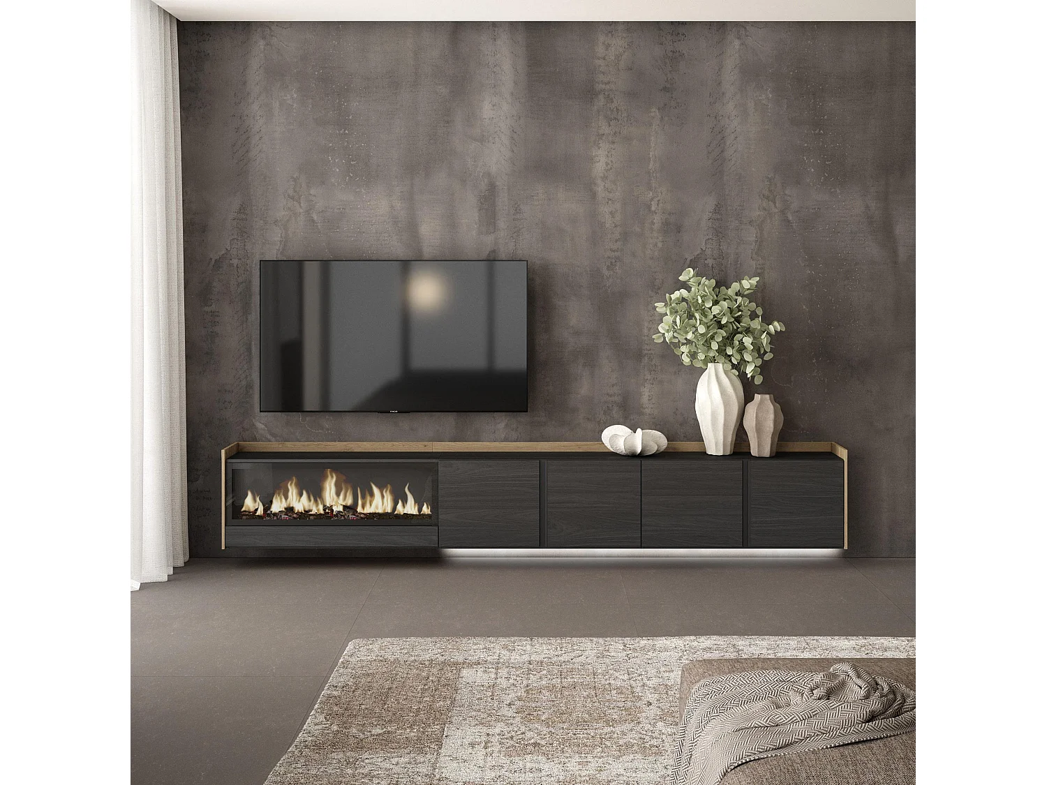 TV-Meubel, Lowboard, 315x50x35 cm, Voor tv's tot 80", Elektrische haard XXL, Hangend, LED, Zwart/Eiken