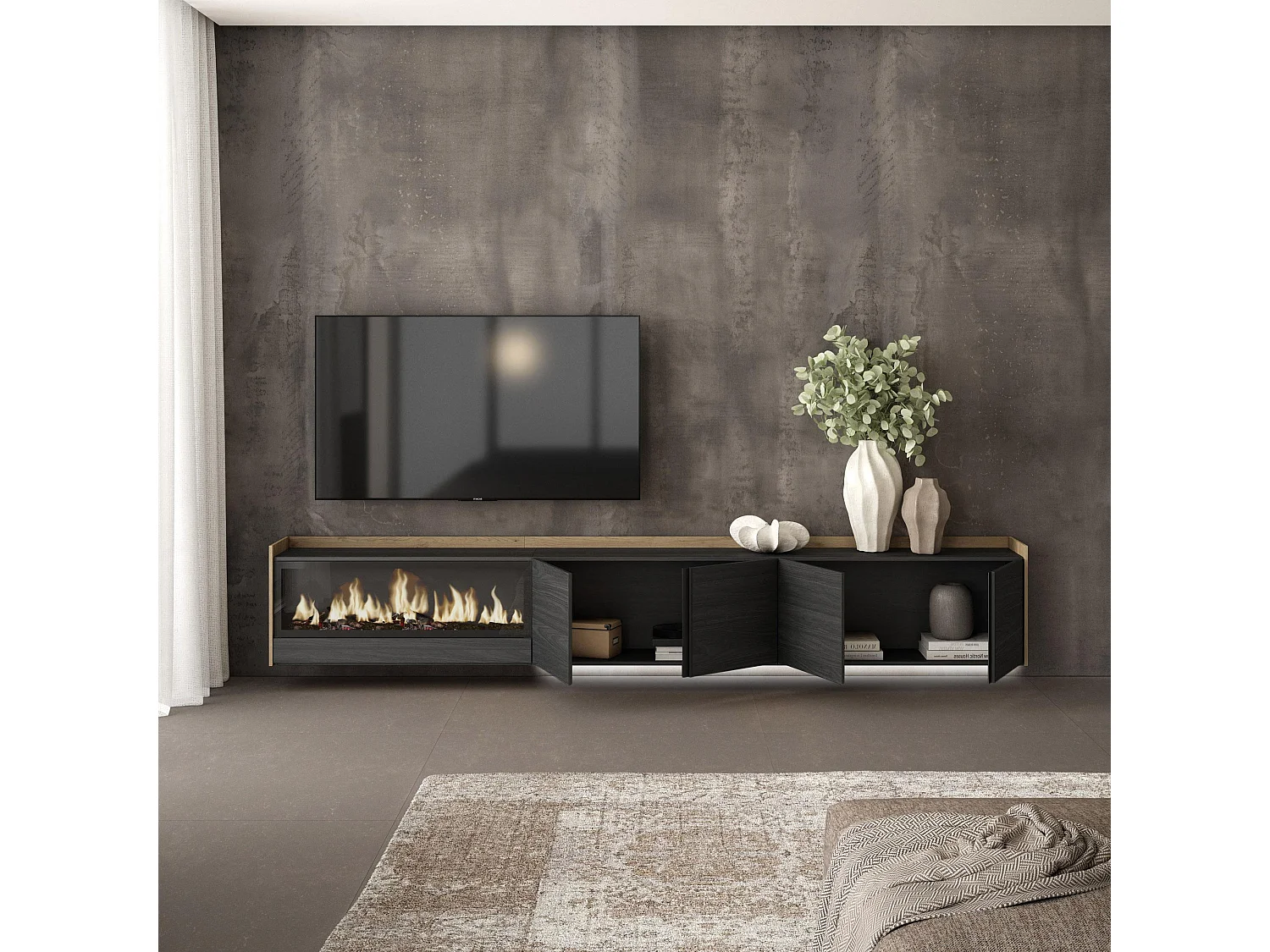 TV-Meubel, Lowboard, 315x50x35 cm, Voor tv's tot 80", Elektrische haard XXL, Hangend, LED, Zwart/Eiken