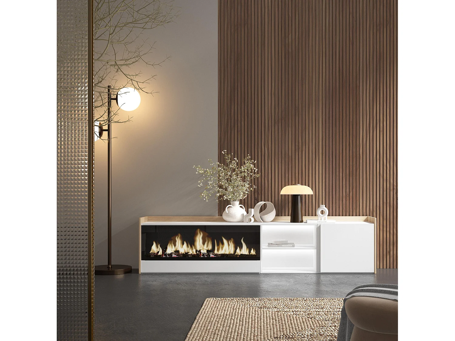 TV-Schrank, Lowboard, 212x50x35 cm, Für TV-Geräte bis zu 80", Elektrokamin XXL, LED, Weiß und Eiche Soft