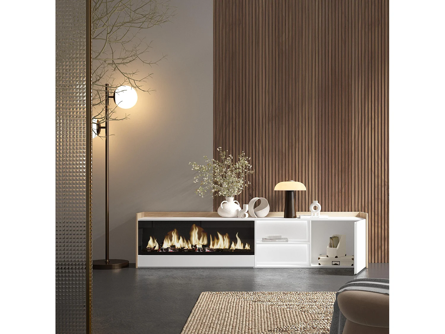 TV-Schrank, Lowboard, 212x50x35 cm, Für TV-Geräte bis zu 80", Elektrokamin XXL, LED, Weiß und Eiche Soft