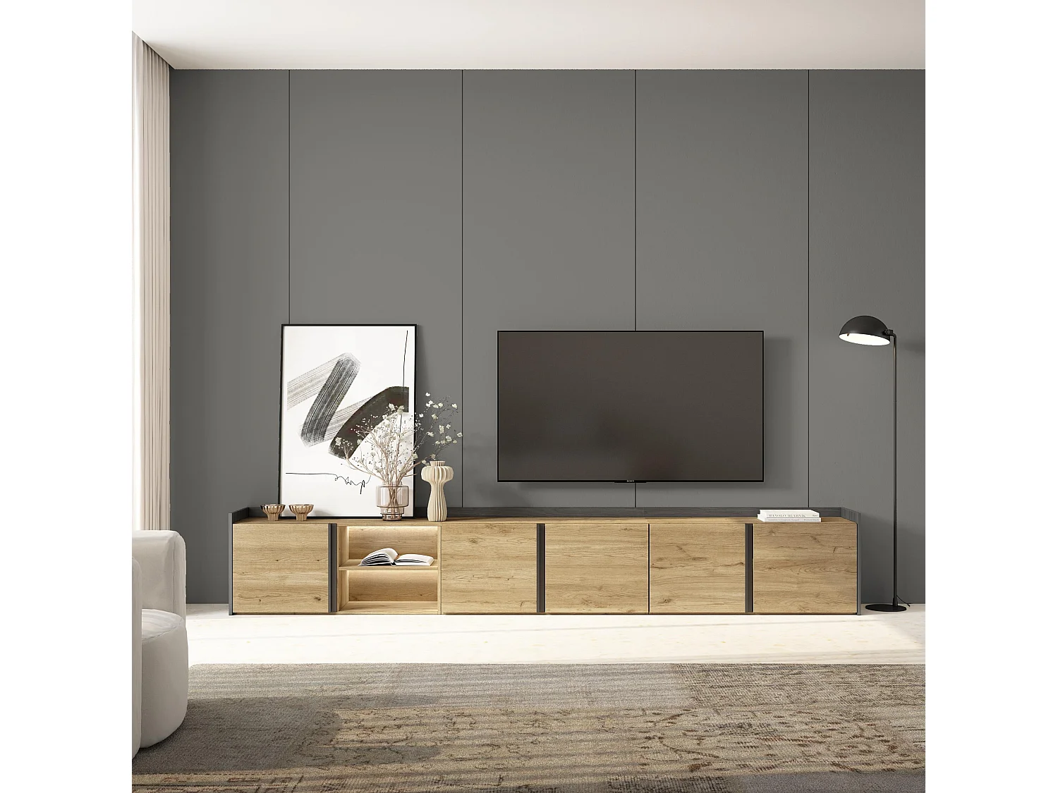 TV-Schrank, Lowboard, 309x50x35 cm, Für TV-Geräte bis zu 80", LED, Eiche Schwarz
