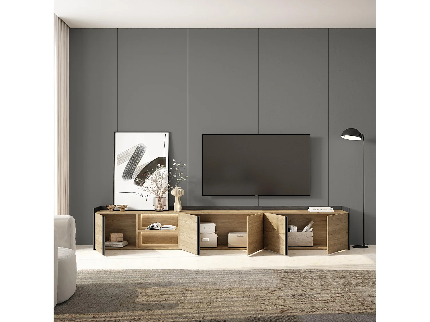 TV-Schrank, Lowboard, 309x50x35 cm, Für TV-Geräte bis zu 80", LED, Eiche Schwarz