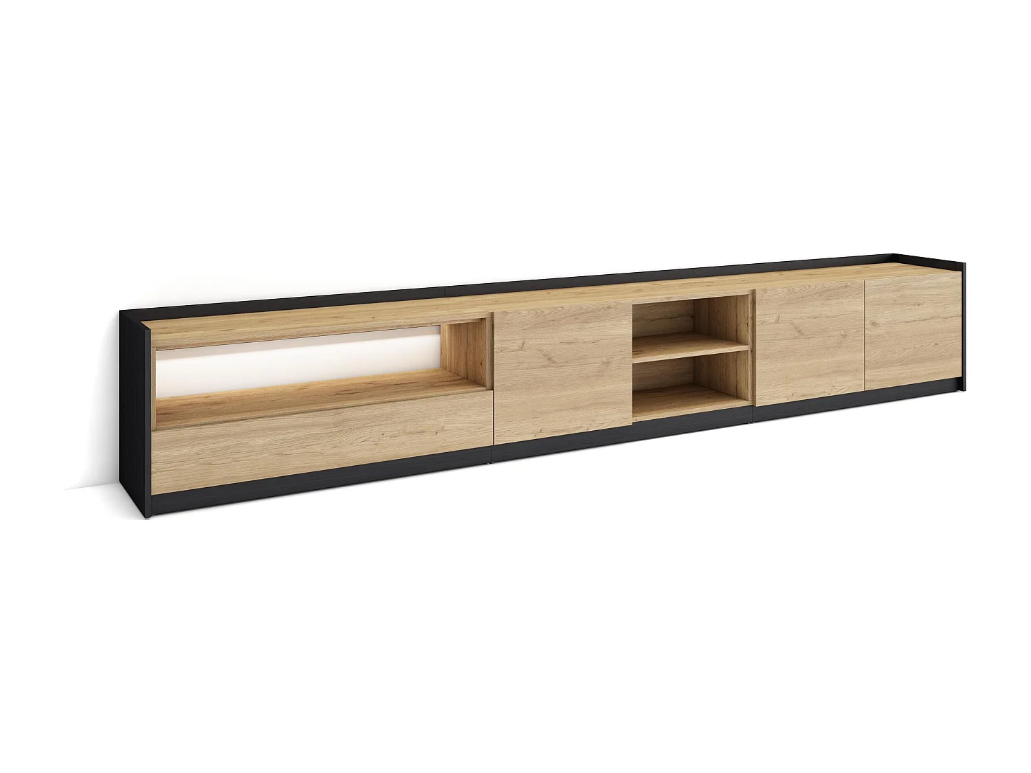 TV-Schrank, Lowboard, 310x50x37 cm, Für TV-Geräte bis zu 80", LED, Eiche Schwarz