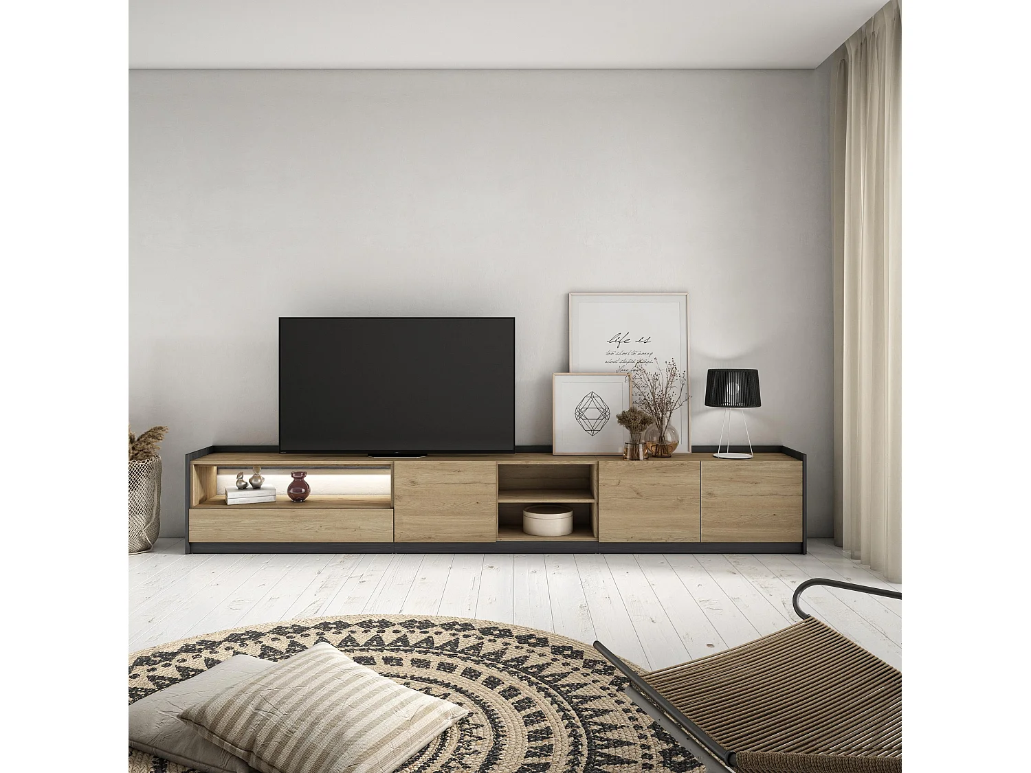 TV-Schrank, Lowboard, 310x50x37 cm, Für TV-Geräte bis zu 80", LED, Eiche Schwarz