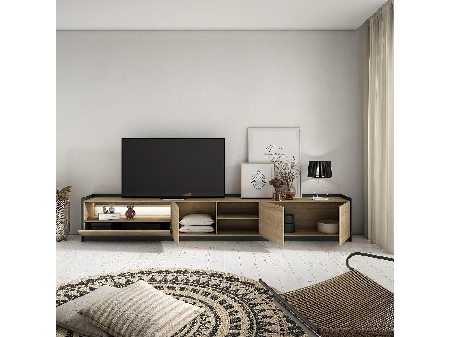 TV-Schrank, Lowboard, 310x50x37 cm, Für TV-Geräte bis zu 80", LED, Eiche Schwarz