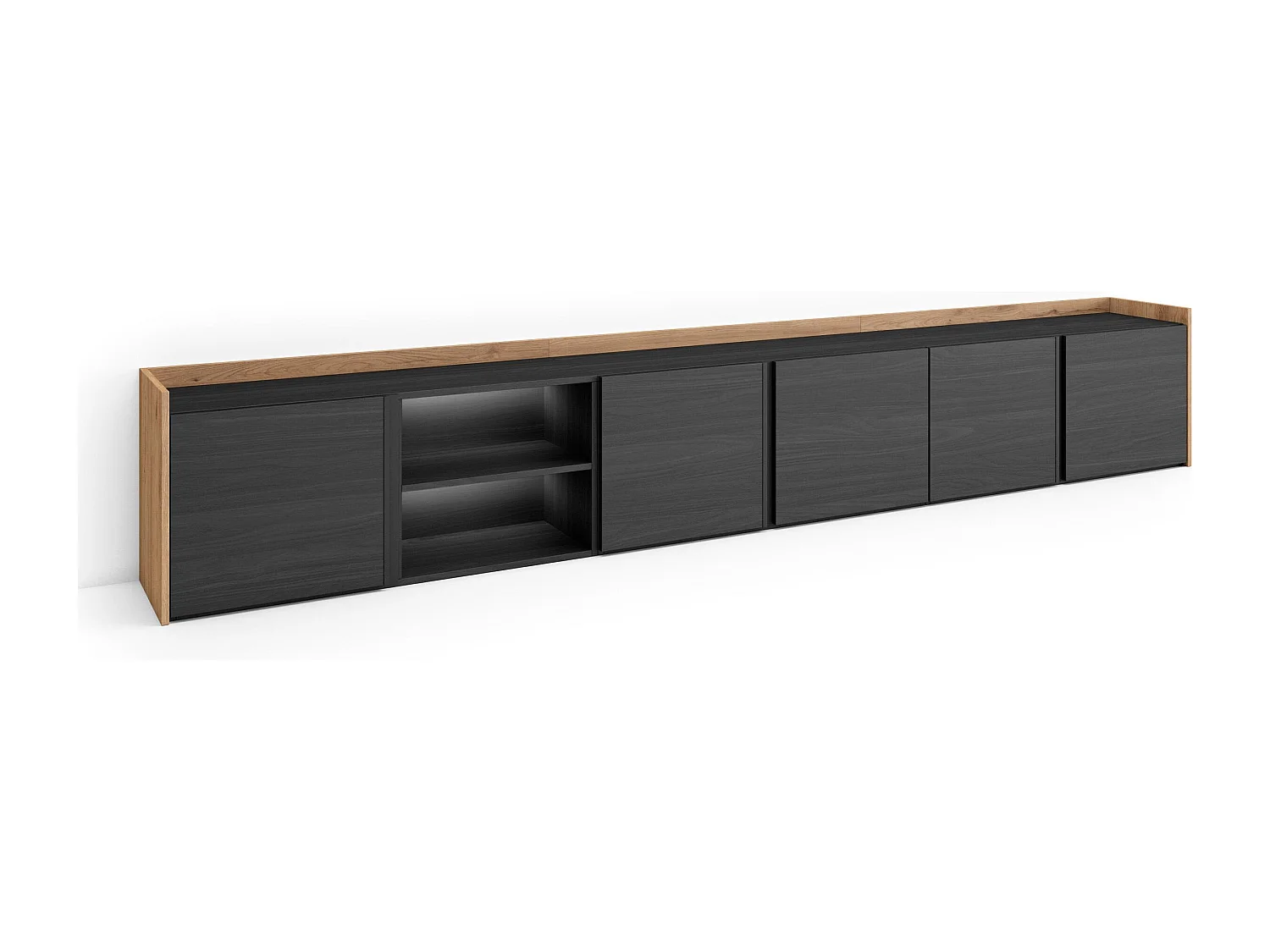 TV-Schrank, Lowboard, 309x50x35 cm, Für TV-Geräte bis zu 80", LED, Schwarz Eiche