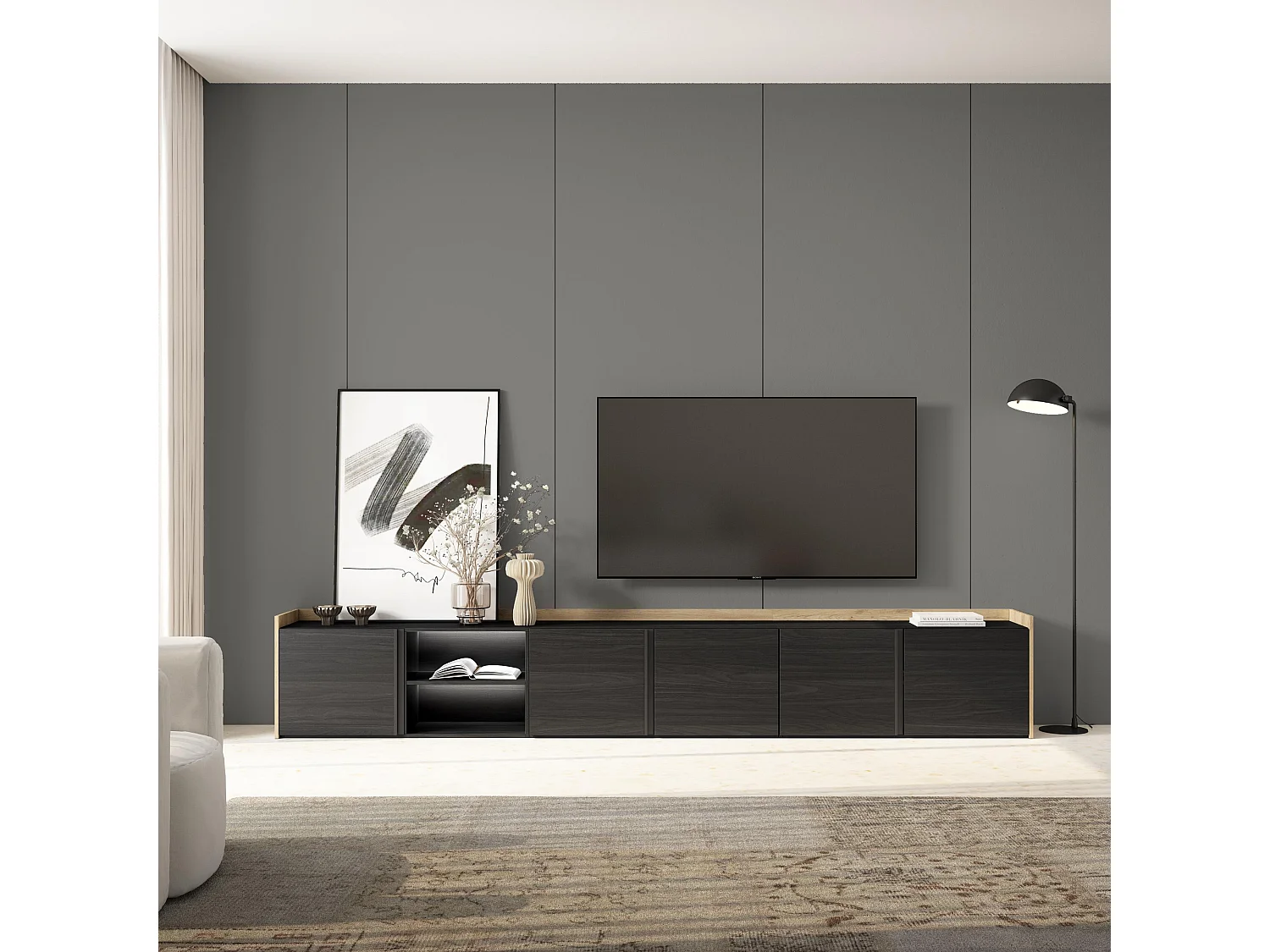 TV-Schrank, Lowboard, 309x50x35 cm, Für TV-Geräte bis zu 80", LED, Schwarz Eiche