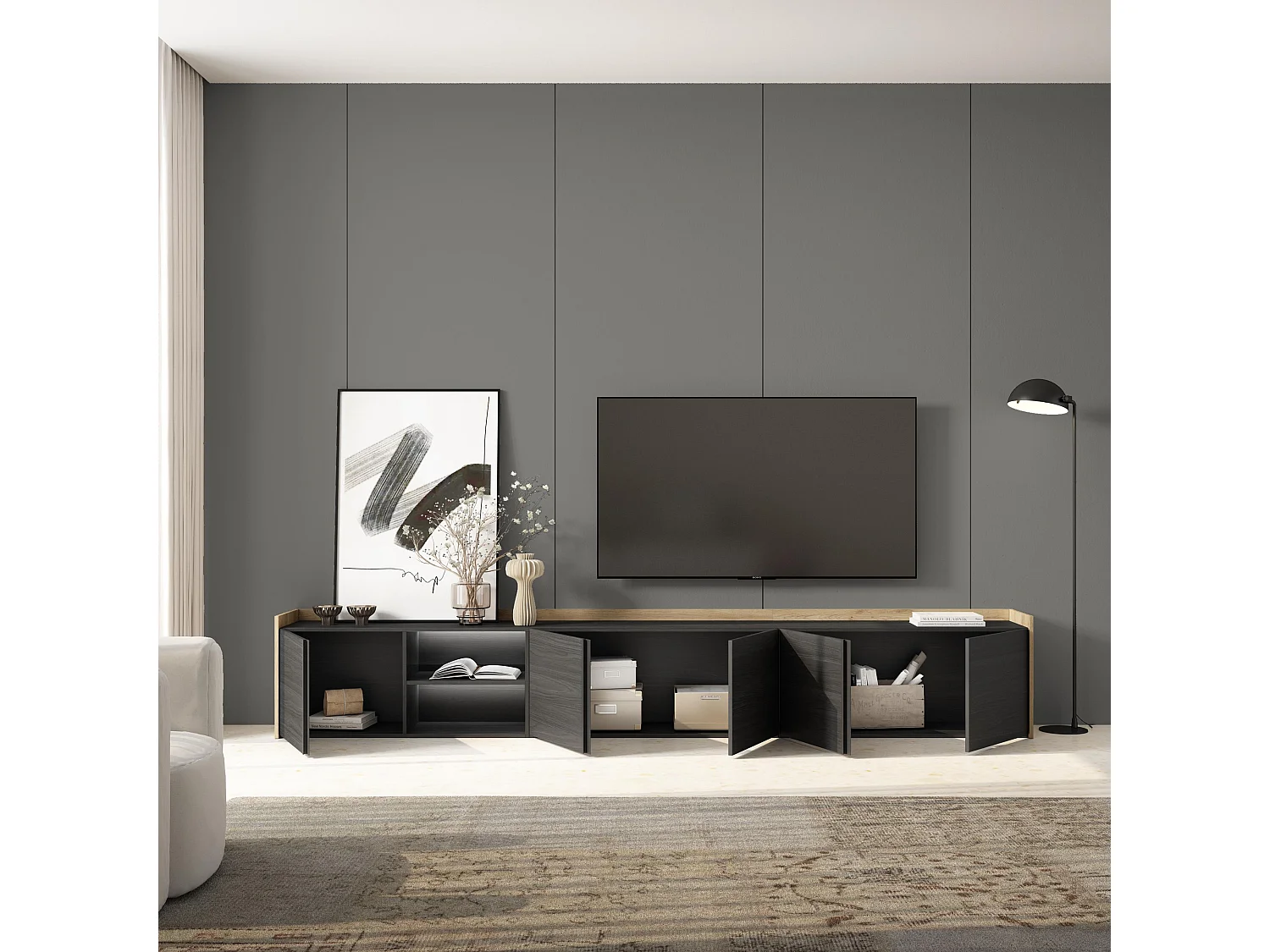 TV-Schrank, Lowboard, 309x50x35 cm, Für TV-Geräte bis zu 80", LED, Schwarz Eiche