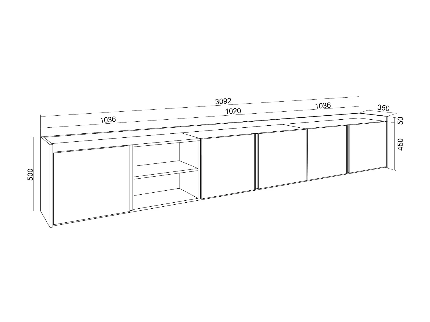TV-Schrank, Lowboard, 309x50x35 cm, Für TV-Geräte bis zu 80", LED, Schwarz Eiche