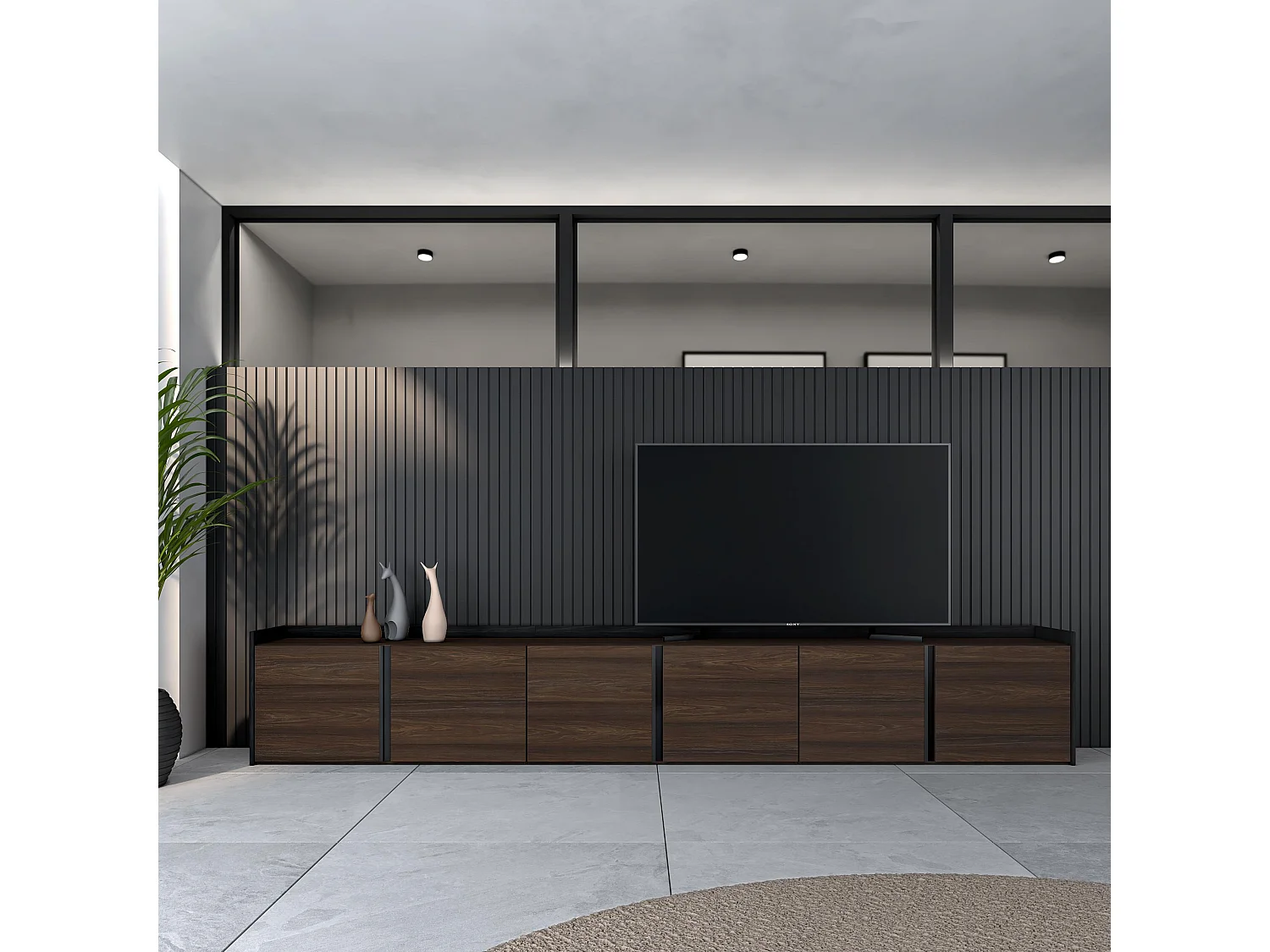 Meuble TV, Banc Télé, 309x50x35 cm, Pour les TV jusqu'à 80", Meubles de salon, Chêne foncé et Noir