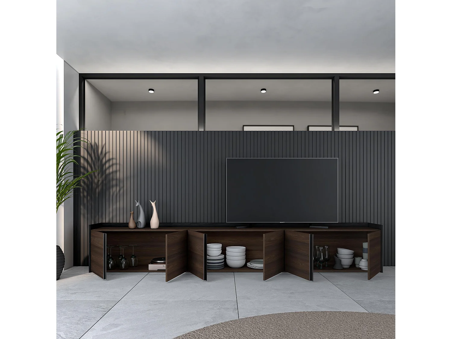 Meuble TV, Banc Télé, 309x50x35 cm, Pour les TV jusqu'à 80", Meubles de salon, Chêne foncé et Noir