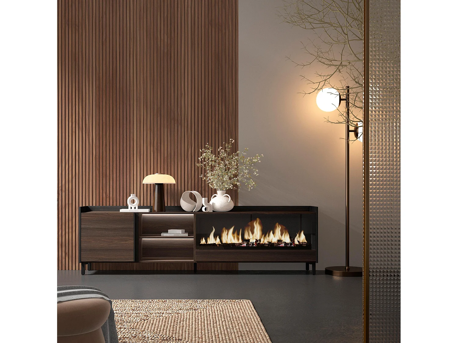 TV-Schrank, Lowboard, 212x61x35 cm, Für TV-Geräte bis zu 80", Elektrokamin XXL, Industriedesign, LED, Dunkler Eiche und Schwarz