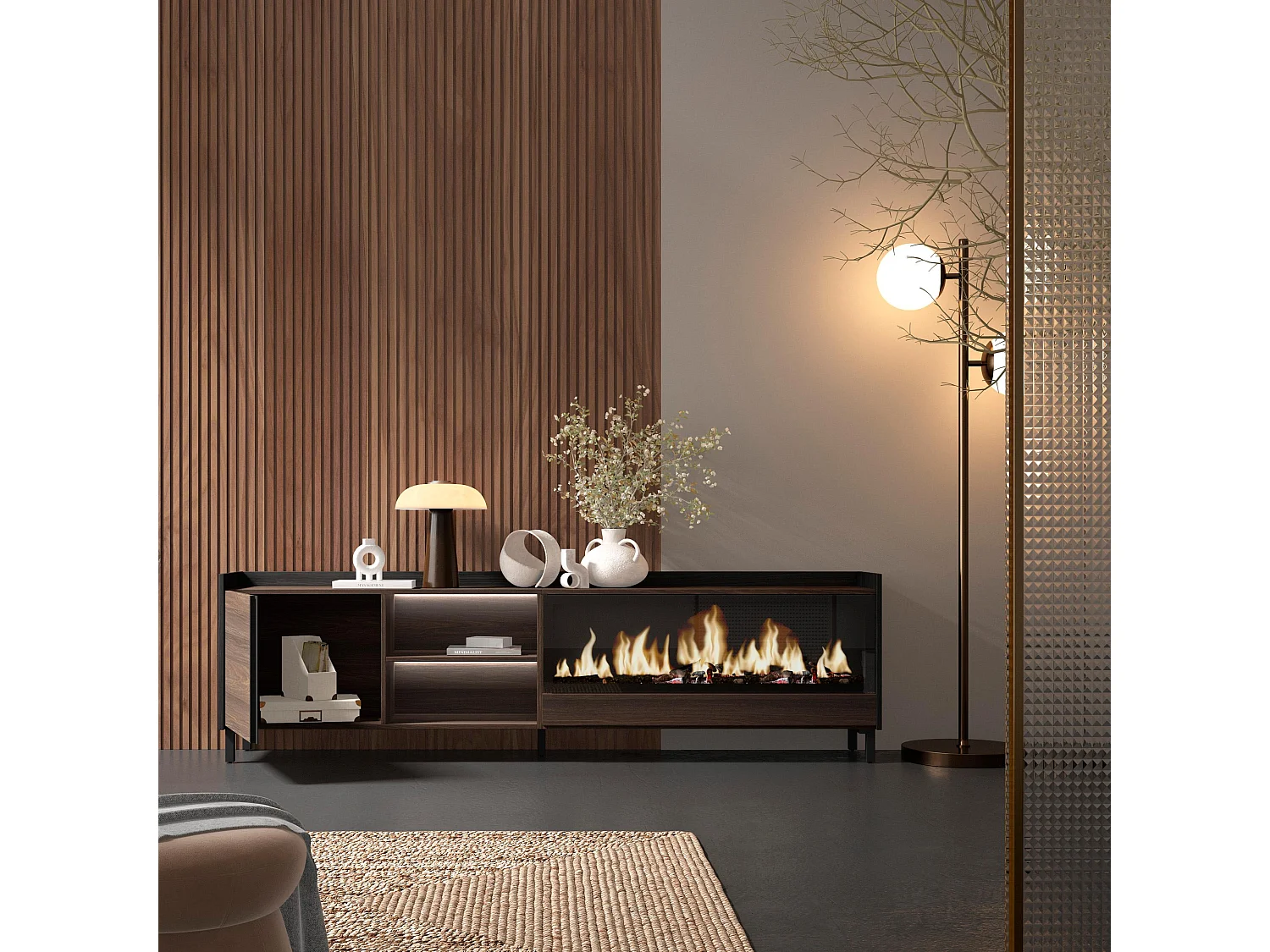 TV-Schrank, Lowboard, 212x61x35 cm, Für TV-Geräte bis zu 80", Elektrokamin XXL, Industriedesign, LED, Dunkler Eiche und Schwarz