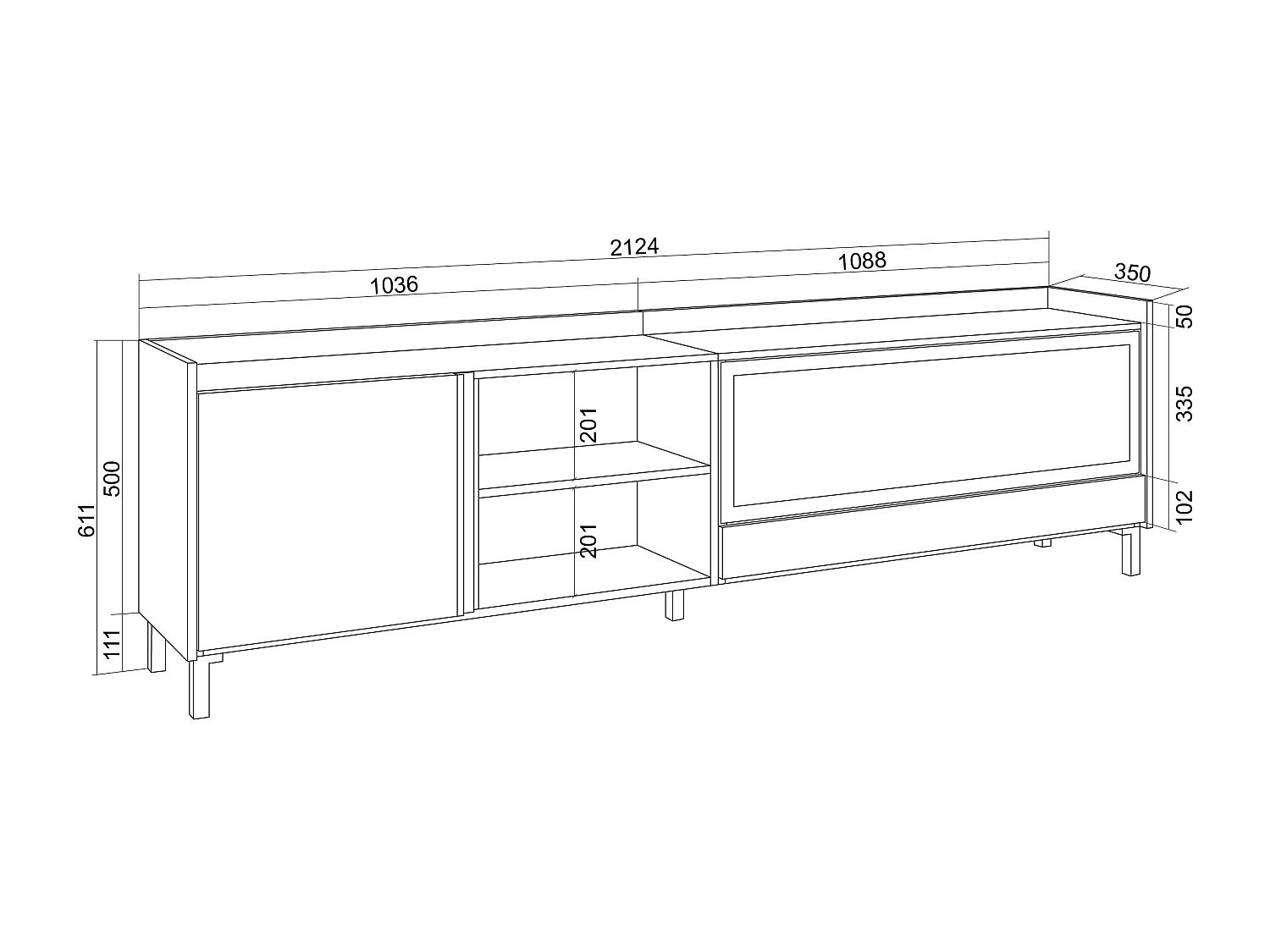 TV-Schrank, Lowboard, 212x61x35 cm, Für TV-Geräte bis zu 80", Elektrokamin XXL, Industriedesign, LED, Dunkler Eiche und Schwarz