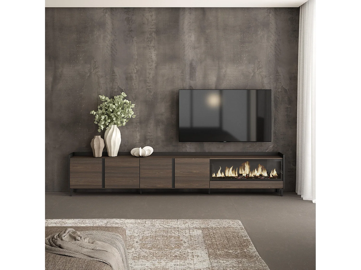 TV-Meubel, Lowboard, 315x61x35 cm, Voor tv's tot 80", Elektrische haard XXL, Industrieel design, Donkere eik en Zwart