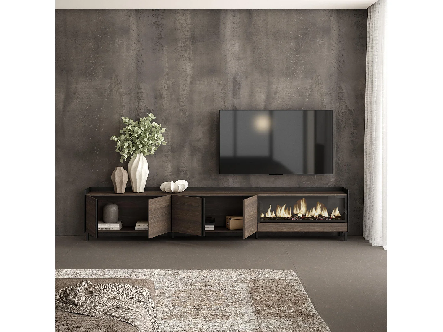 TV-Meubel, Lowboard, 315x61x35 cm, Voor tv's tot 80", Elektrische haard XXL, Industrieel design, Donkere eik en Zwart