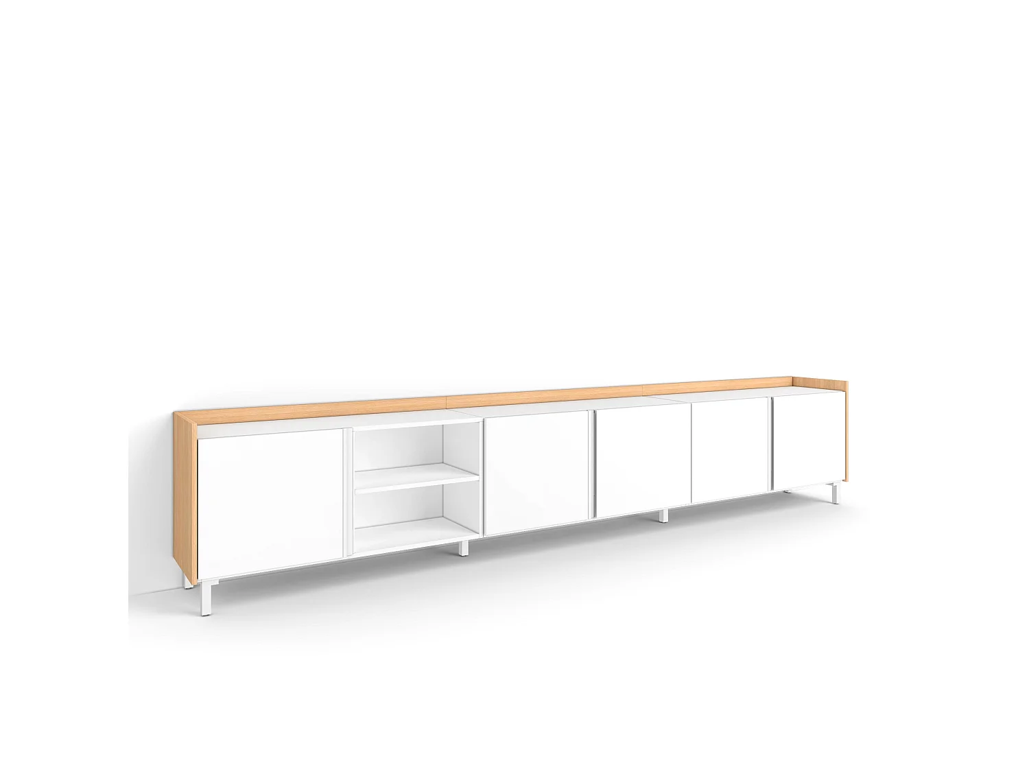 Mueble TV, Televisión, 309x61x35 cm, Para TV hasta 80", Diseño industrial, Blanco y roble soft