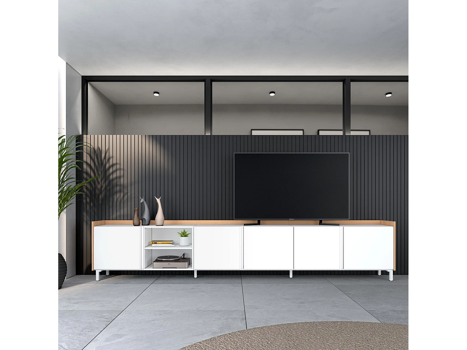 Mueble TV, Televisión, 309x61x35 cm, Para TV hasta 80", Diseño industrial, Blanco y roble soft